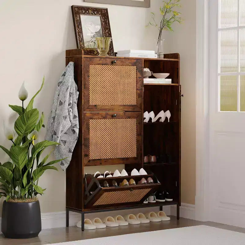 Freestanding Entryway Shoe Cabinet with 3 Flip Drawers, Rattan Hidden Shoe Organizer Cabinet with Adjustable Shelves for Entryway