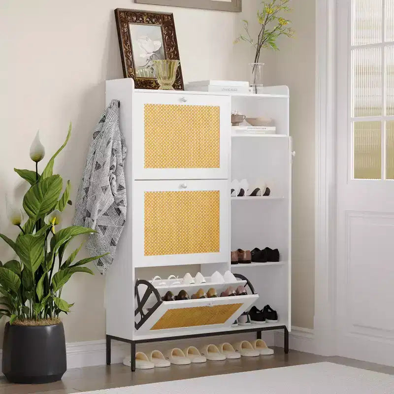 Freestanding Entryway Shoe Cabinet with 3 Flip Drawers, Rattan Hidden Shoe Organizer Cabinet with Adjustable Shelves for Entryway