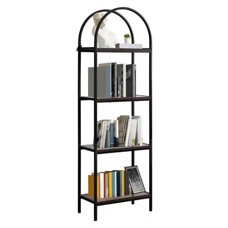 Arched Bookshelf, Freestanding Open Bookcase with Metal Frame, Industrial Corner Display Storage Shelf for Bedroom Living Room Office