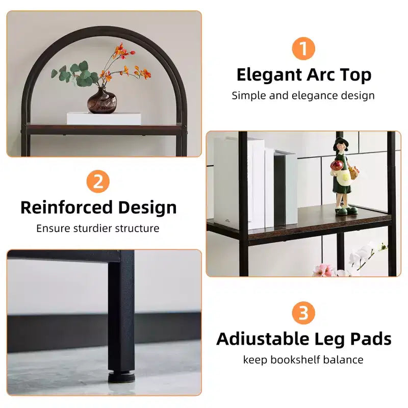 Arched Bookshelf, Freestanding Open Bookcase with Metal Frame, Industrial Corner Display Storage Shelf for Bedroom Living Room Office