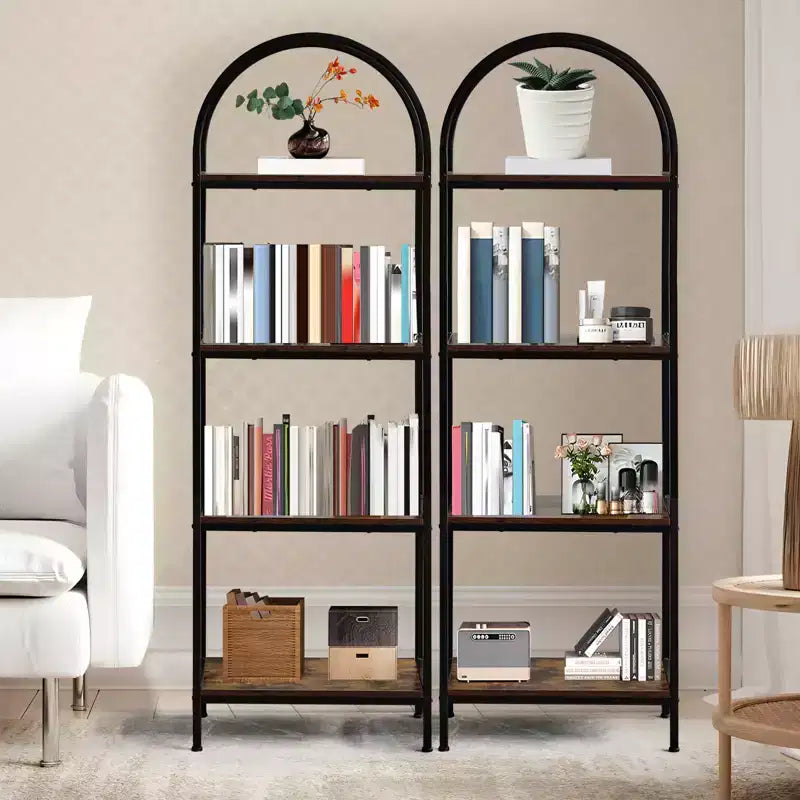 Arched Bookshelf, Freestanding Open Bookcase with Metal Frame, Industrial Corner Display Storage Shelf for Bedroom Living Room Office
