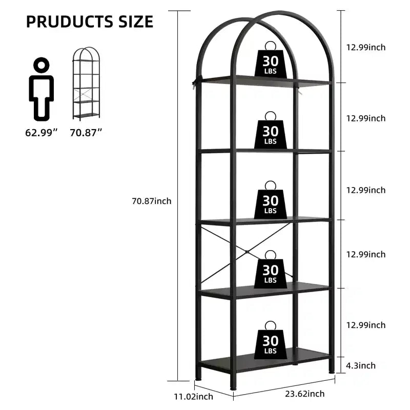 Arched Bookshelf, Freestanding Open Bookcase with Metal Frame, Industrial Corner Display Storage Shelf for Bedroom Living Room Office