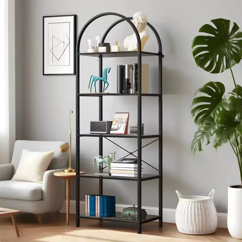 Arched Bookshelf, Freestanding Open Bookcase with Metal Frame, Industrial Corner Display Storage Shelf for Bedroom Living Room Office