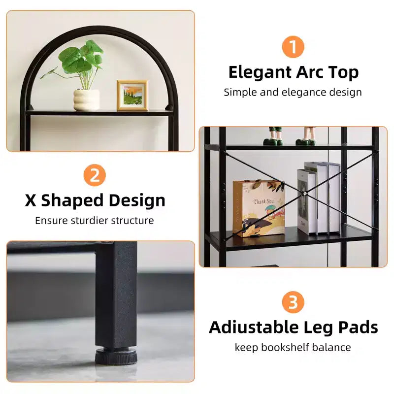 Arched Bookshelf, Freestanding Open Bookcase with Metal Frame, Industrial Corner Display Storage Shelf for Bedroom Living Room Office
