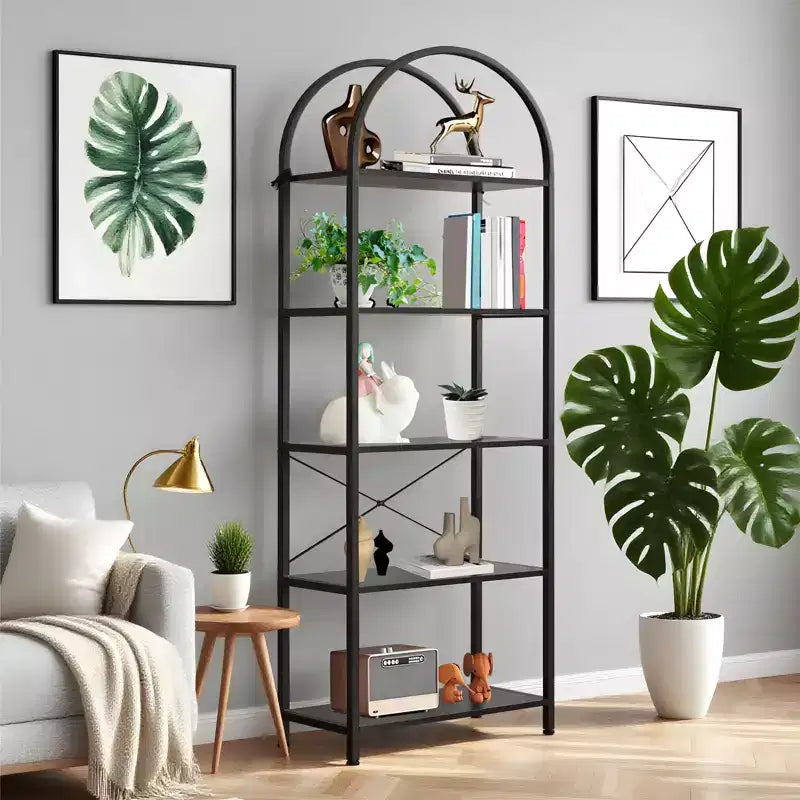 Arched Bookshelf, Freestanding Open Bookcase with Metal Frame, Industrial Corner Display Storage Shelf for Bedroom Living Room Office
