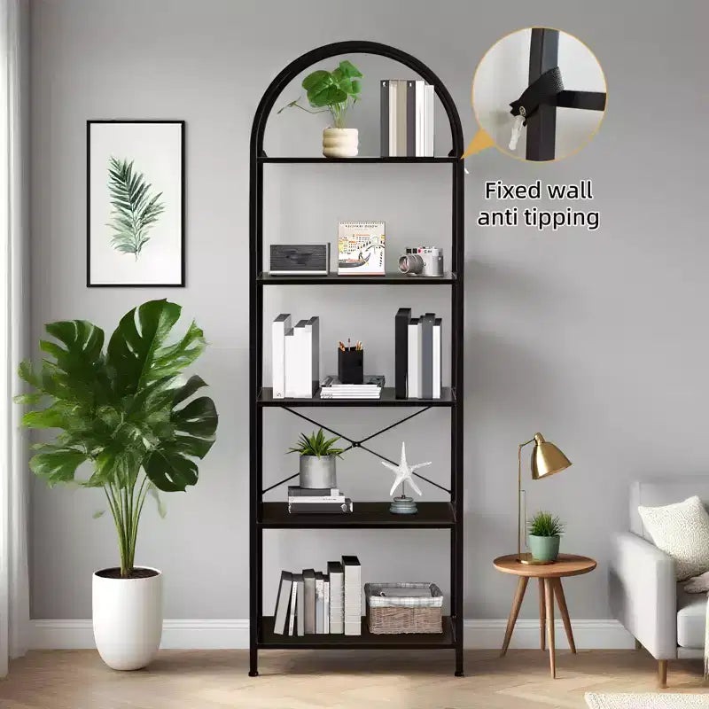 Arched Bookshelf, Freestanding Open Bookcase with Metal Frame, Industrial Corner Display Storage Shelf for Bedroom Living Room Office
