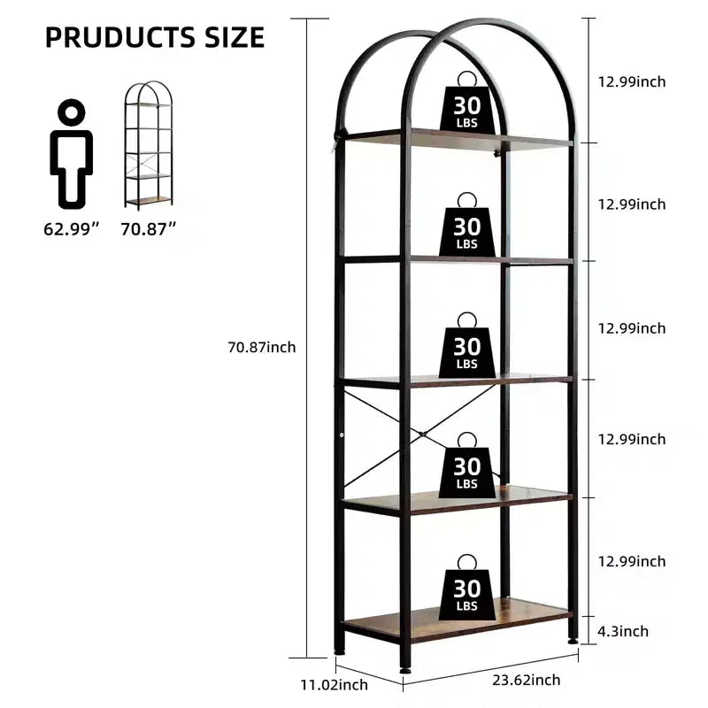 Arched Bookshelf, Freestanding Open Bookcase with Metal Frame, Industrial Corner Display Storage Shelf for Bedroom Living Room Office