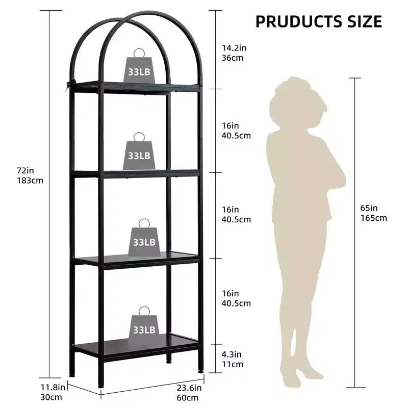 Arched Bookshelf, Freestanding Open Bookcase with Metal Frame, Industrial Corner Display Storage Shelf for Bedroom Living Room Office