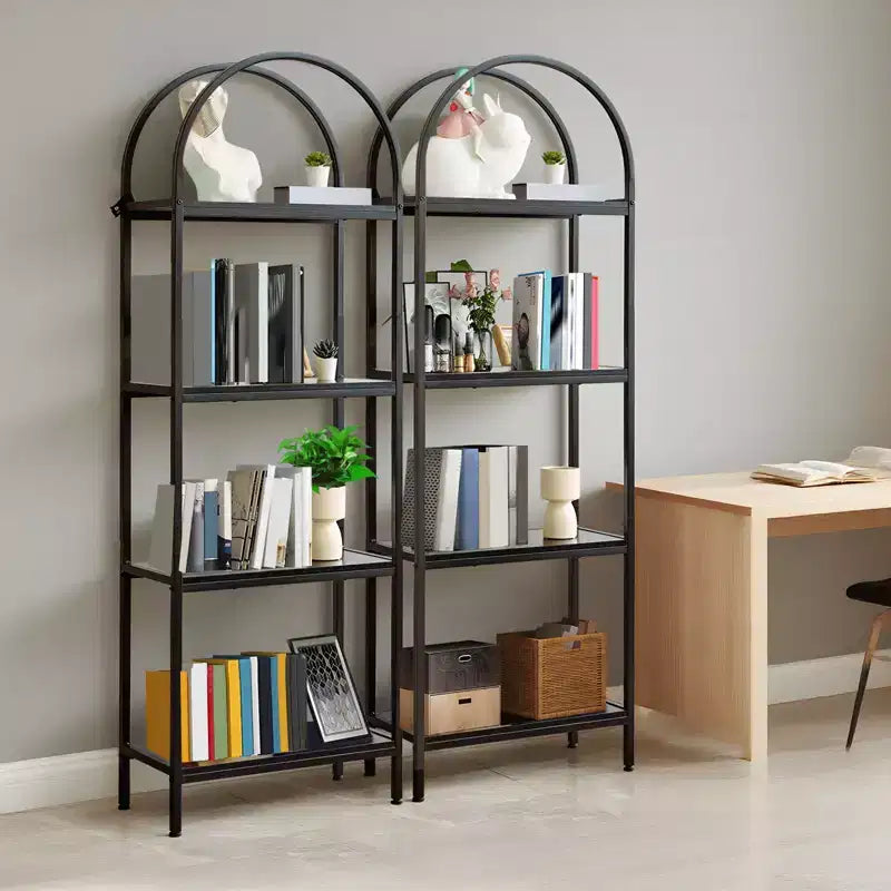 Arched Bookshelf, Freestanding Open Bookcase with Metal Frame, Industrial Corner Display Storage Shelf for Bedroom Living Room Office