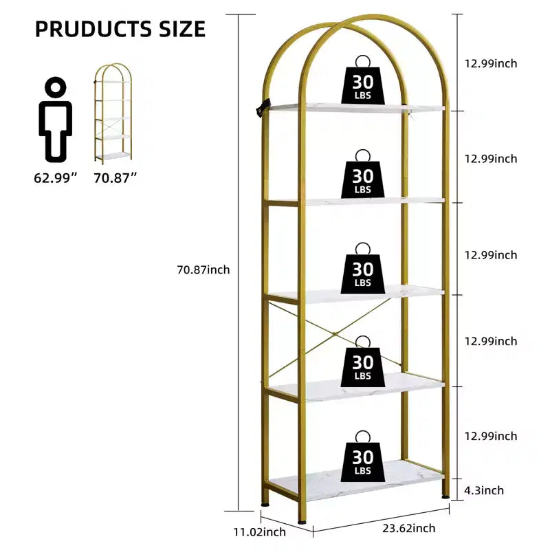 Arched Bookshelf, Freestanding Open Bookcase with Metal Frame, Industrial Corner Display Storage Shelf for Bedroom Living Room Office
