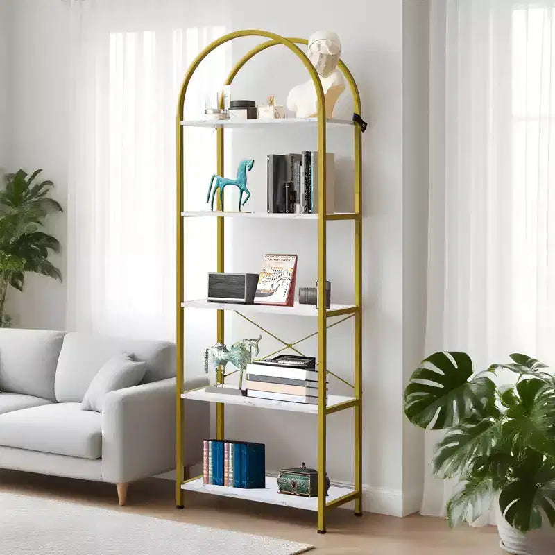 Arched Bookshelf, Freestanding Open Bookcase with Metal Frame, Industrial Corner Display Storage Shelf for Bedroom Living Room Office