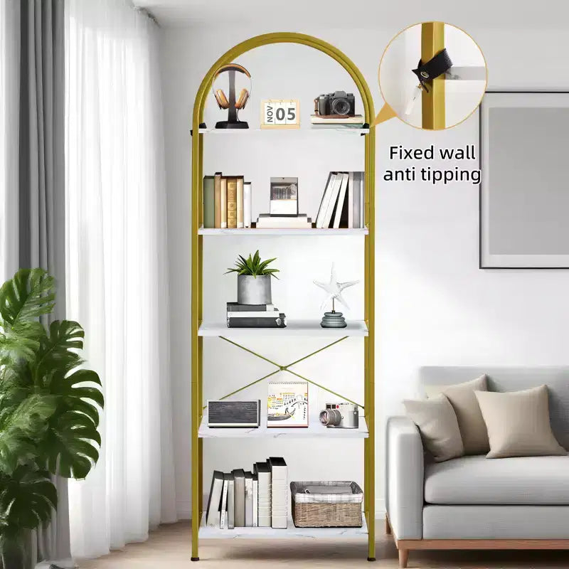 Arched Bookshelf, Freestanding Open Bookcase with Metal Frame, Industrial Corner Display Storage Shelf for Bedroom Living Room Office