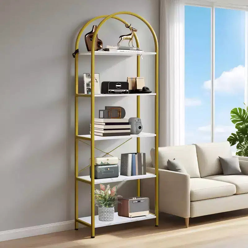 Arched Bookshelf, Freestanding Open Bookcase with Metal Frame, Industrial Corner Display Storage Shelf for Bedroom Living Room Office