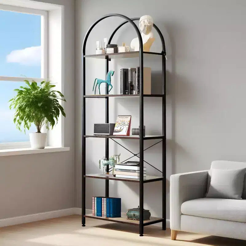 Arched Bookshelf, Freestanding Open Bookcase with Metal Frame, Industrial Corner Display Storage Shelf for Bedroom Living Room Office