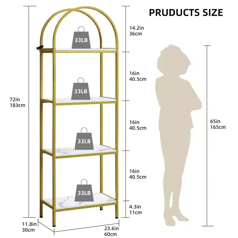 Arched Bookshelf, Freestanding Open Bookcase with Metal Frame, Industrial Corner Display Storage Shelf for Bedroom Living Room Office