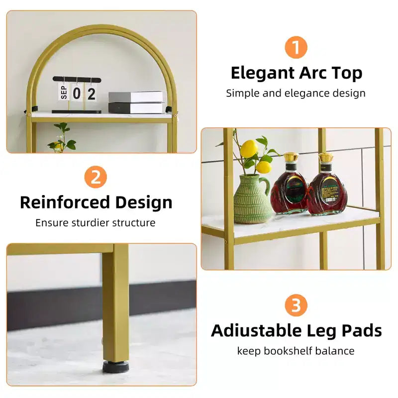 Arched Bookshelf, Freestanding Open Bookcase with Metal Frame, Industrial Corner Display Storage Shelf for Bedroom Living Room Office