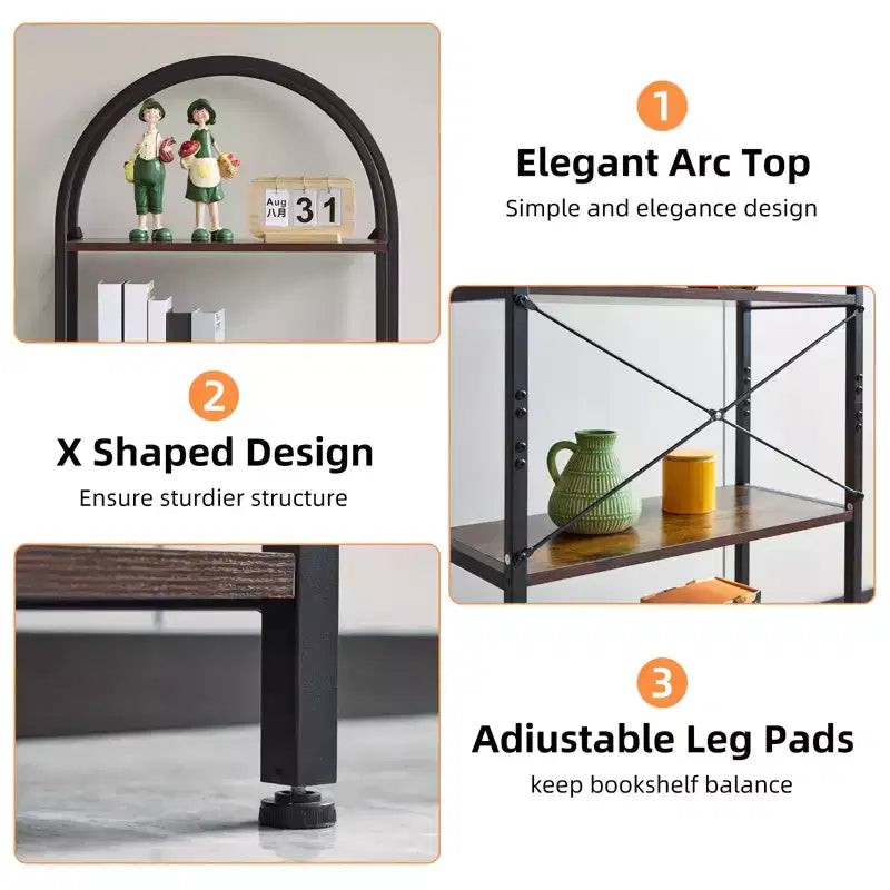 Arched Bookshelf, Freestanding Open Bookcase with Metal Frame, Industrial Corner Display Storage Shelf for Bedroom Living Room Office