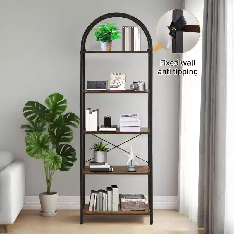 Arched Bookshelf, Freestanding Open Bookcase with Metal Frame, Industrial Corner Display Storage Shelf for Bedroom Living Room Office