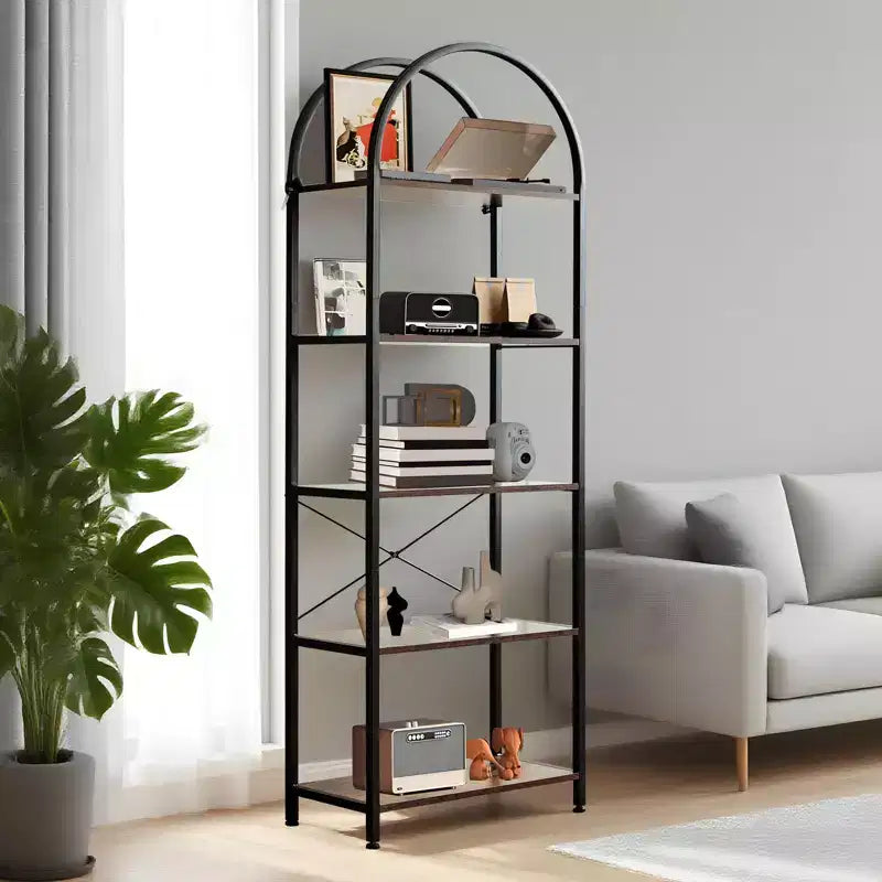 Arched Bookshelf, Freestanding Open Bookcase with Metal Frame, Industrial Corner Display Storage Shelf for Bedroom Living Room Office