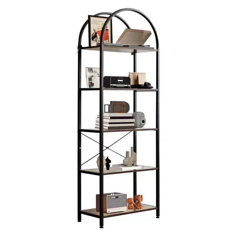 Arched Bookshelf, Freestanding Open Bookcase with Metal Frame, Industrial Corner Display Storage Shelf for Bedroom Living Room Office