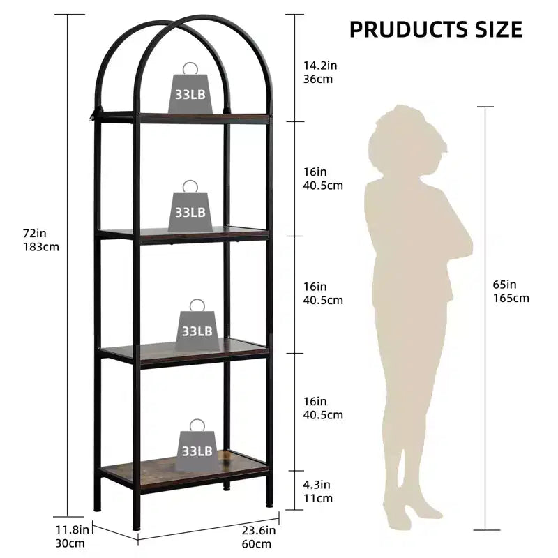 Arched Bookshelf, Freestanding Open Bookcase with Metal Frame, Industrial Corner Display Storage Shelf for Bedroom Living Room Office
