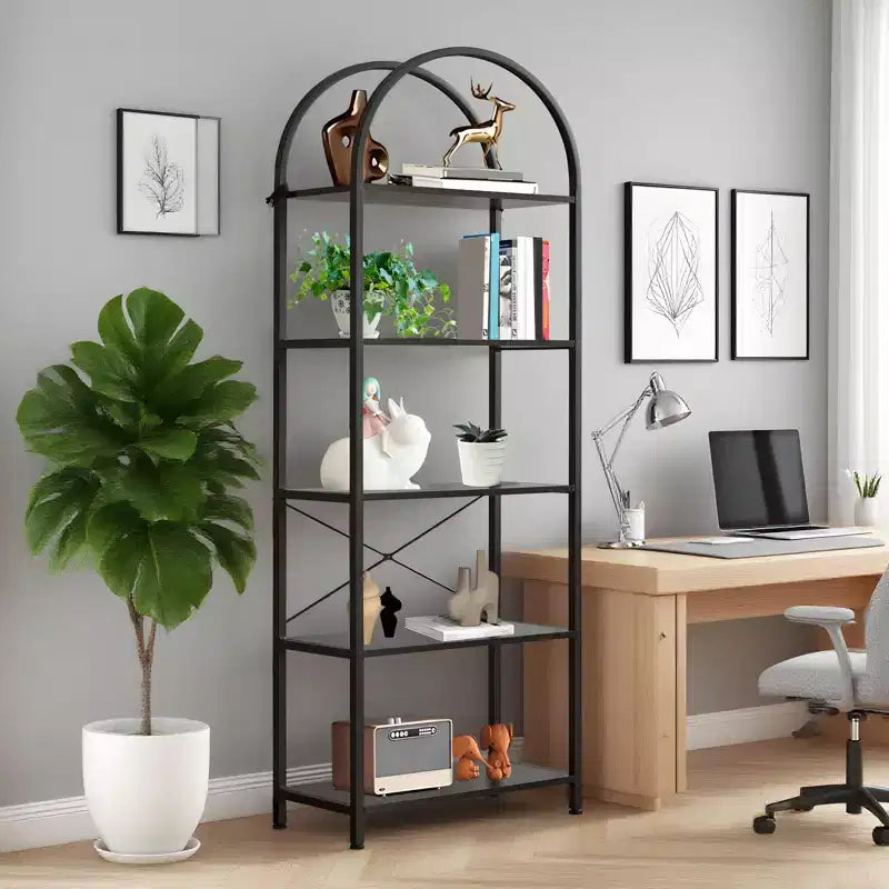 Arched Bookshelf, Freestanding Open Bookcase with Metal Frame, Industrial Corner Display Storage Shelf for Bedroom Living Room Office