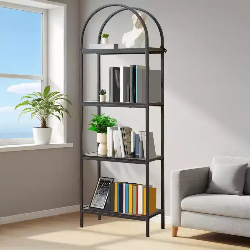 Arched Bookshelf, Freestanding Open Bookcase with Metal Frame, Industrial Corner Display Storage Shelf for Bedroom Living Room Office