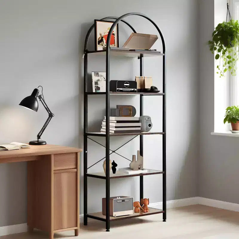 Arched Bookshelf, Freestanding Open Bookcase with Metal Frame, Industrial Corner Display Storage Shelf for Bedroom Living Room Office