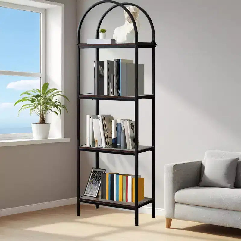 Arched Bookshelf, Freestanding Open Bookcase with Metal Frame, Industrial Corner Display Storage Shelf for Bedroom Living Room Office