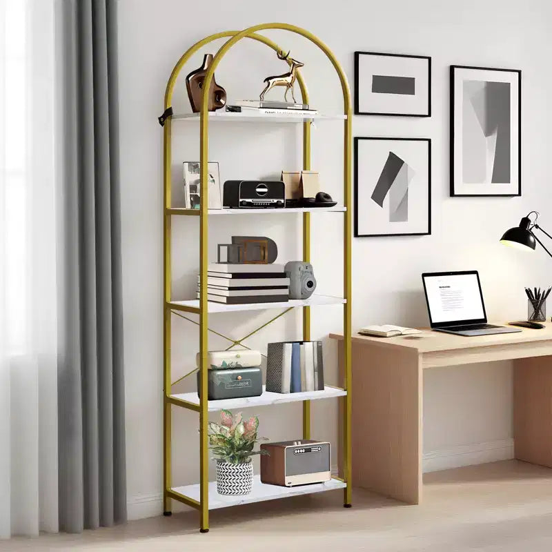 Arched Bookshelf, Freestanding Open Bookcase with Metal Frame, Industrial Corner Display Storage Shelf for Bedroom Living Room Office