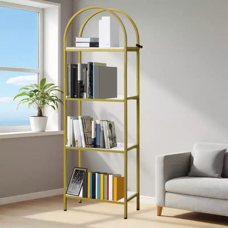 Arched Bookshelf, Freestanding Open Bookcase with Metal Frame, Industrial Corner Display Storage Shelf for Bedroom Living Room Office