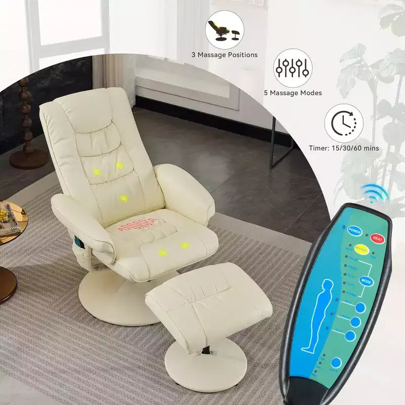 360 Swivel Recliner Massage Lounge Chair Accent Chair with Footstool, 5-Point Vibration, Seat Heating & Adjustable Backrest - ModernLuxe