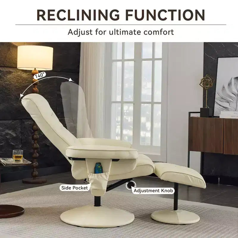 360 Swivel Recliner Massage Lounge Chair Accent Chair with Footstool, 5-Point Vibration, Seat Heating & Adjustable Backrest - ModernLuxe