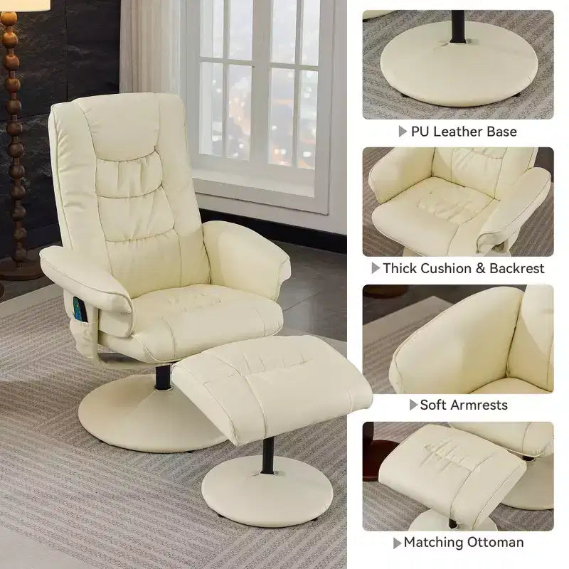 360 Swivel Recliner Massage Lounge Chair Accent Chair with Footstool, 5-Point Vibration, Seat Heating & Adjustable Backrest - ModernLuxe