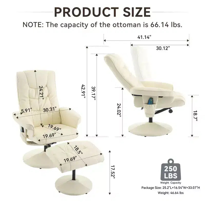 360 Swivel Recliner Massage Lounge Chair Accent Chair with Footstool, 5-Point Vibration, Seat Heating & Adjustable Backrest - ModernLuxe