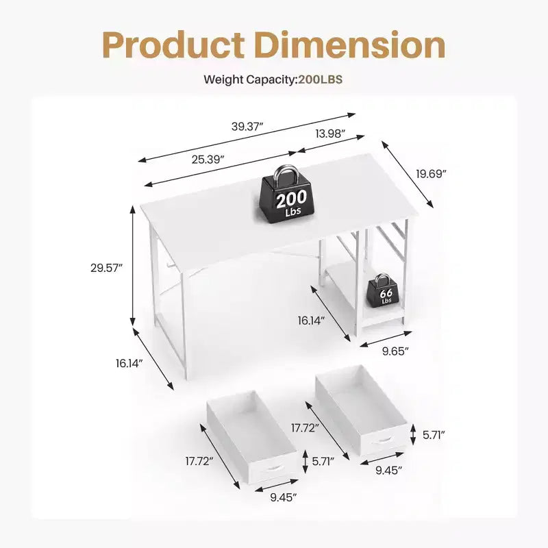 JIONJOY 40x20 Computer Desk with 2-Tier Drawers & Headphone Hook - Sturdy Particleboard & Metal Frame