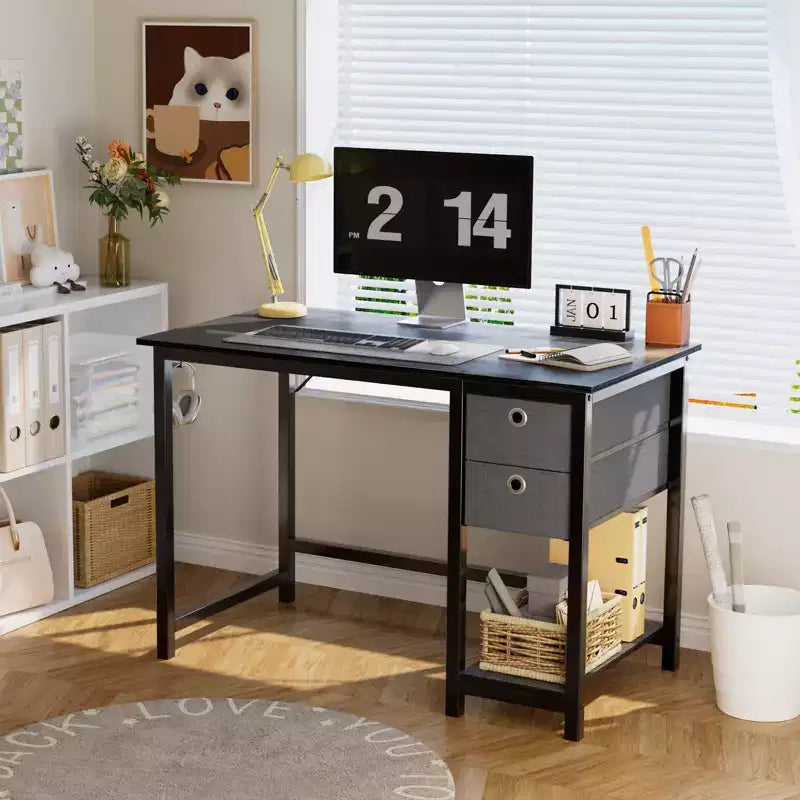 JIONJOY 40x20 Computer Desk with 2-Tier Drawers & Headphone Hook - Sturdy Particleboard & Metal Frame