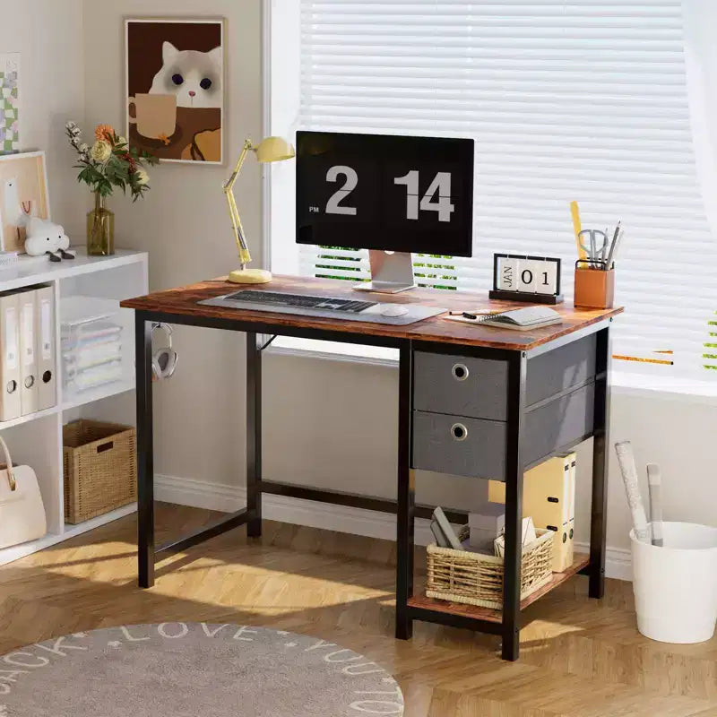 JIONJOY 40x20 Computer Desk with 2-Tier Drawers & Headphone Hook - Sturdy Particleboard & Metal Frame