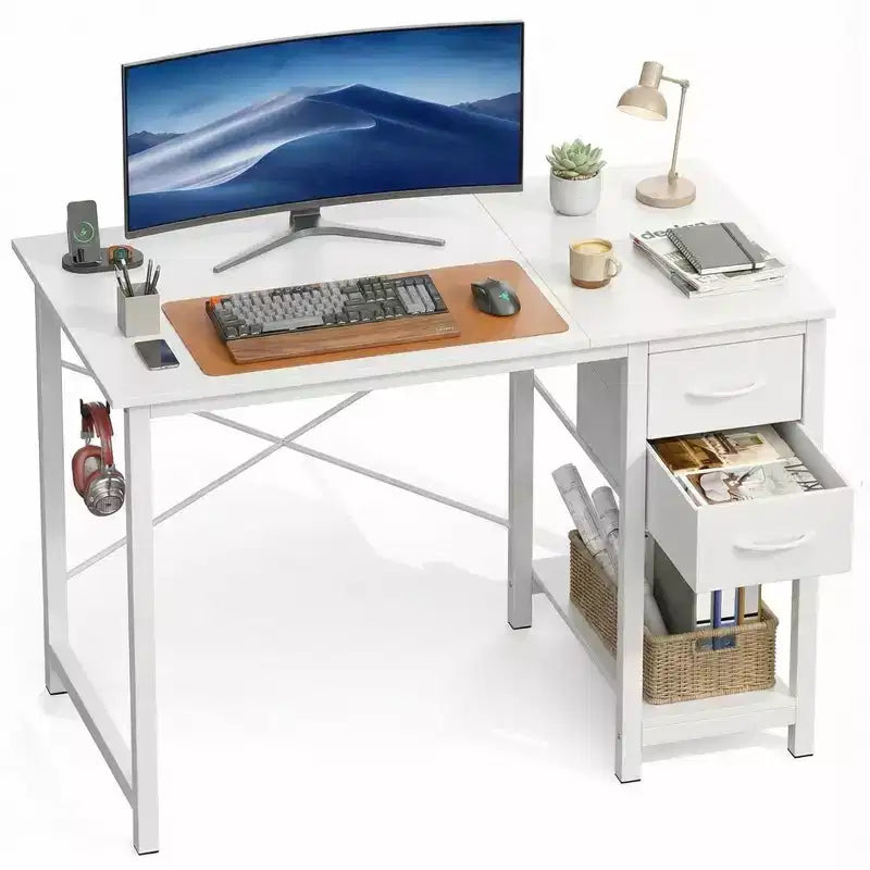 JIONJOY 40x20 Computer Desk with 2-Tier Drawers & Headphone Hook - Sturdy Particleboard & Metal Frame