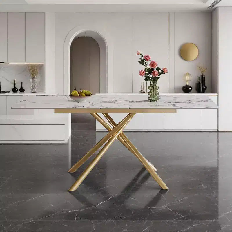 Okak 59IN Modern Expandable Dining Table with Retractable Leaf, Folding Table with Criss-Cross Legs, Kitchen Table for 4-6 Person