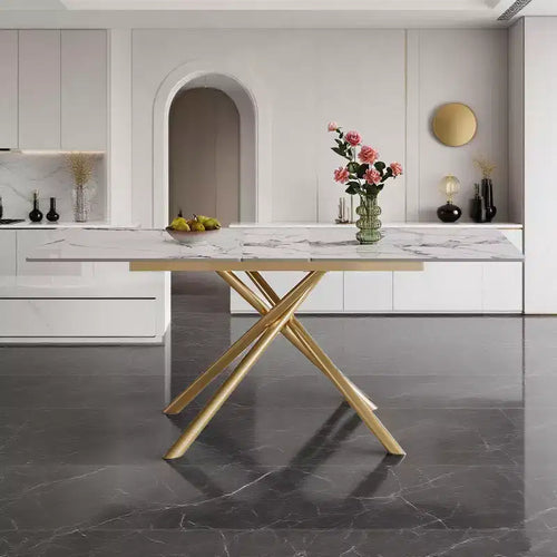 Okak 59IN Modern Expandable Dining Table with Retractable Leaf, Folding Table with Criss-Cross Legs, Kitchen Table for 4-6 Person