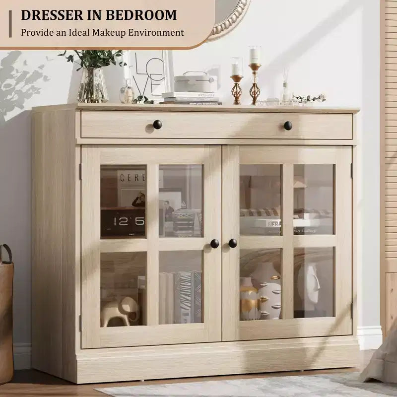 35 Sideboard Buffet Cabinets w/Glass Door & 2 Storage Drawers, Kitchen Storage Cabinet, Modern Buffets & Sideboards for Dining Room, Living Room