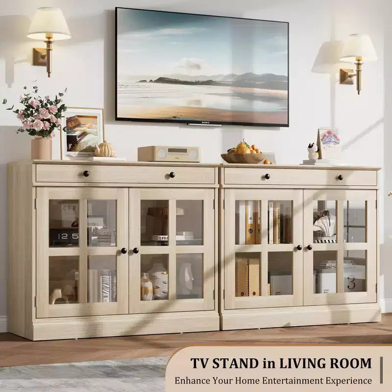 35 Sideboard Buffet Cabinets w/Glass Door & 2 Storage Drawers, Kitchen Storage Cabinet, Modern Buffets & Sideboards for Dining Room, Living Room
