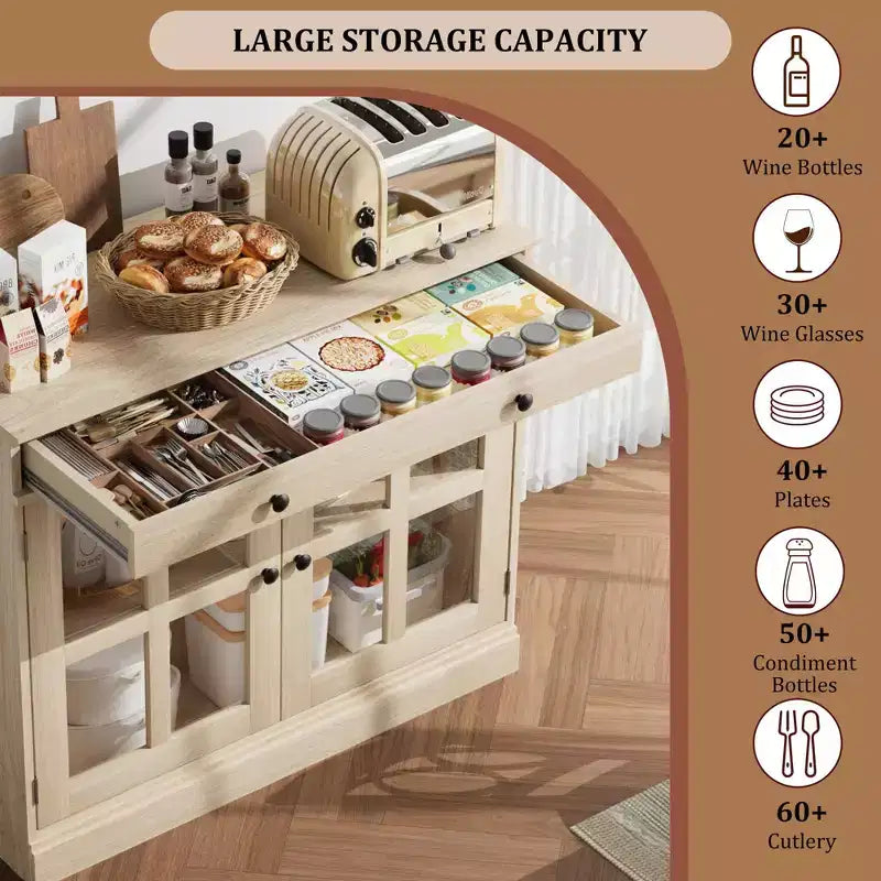 35 Sideboard Buffet Cabinets w/Glass Door & 2 Storage Drawers, Kitchen Storage Cabinet, Modern Buffets & Sideboards for Dining Room, Living Room