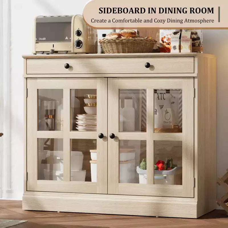 35 Sideboard Buffet Cabinets w/Glass Door & 2 Storage Drawers, Kitchen Storage Cabinet, Modern Buffets & Sideboards for Dining Room, Living Room