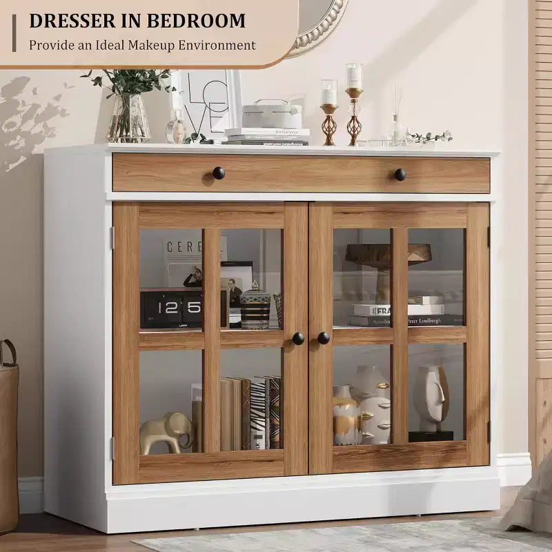 35 Sideboard Buffet Cabinets w/Glass Door & 2 Storage Drawers, Kitchen Storage Cabinet, Modern Buffets & Sideboards for Dining Room, Living Room