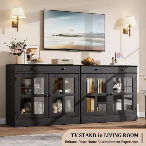 35 Sideboard Buffet Cabinets w/Glass Door & 2 Storage Drawers, Kitchen Storage Cabinet, Modern Buffets & Sideboards for Dining Room, Living Room