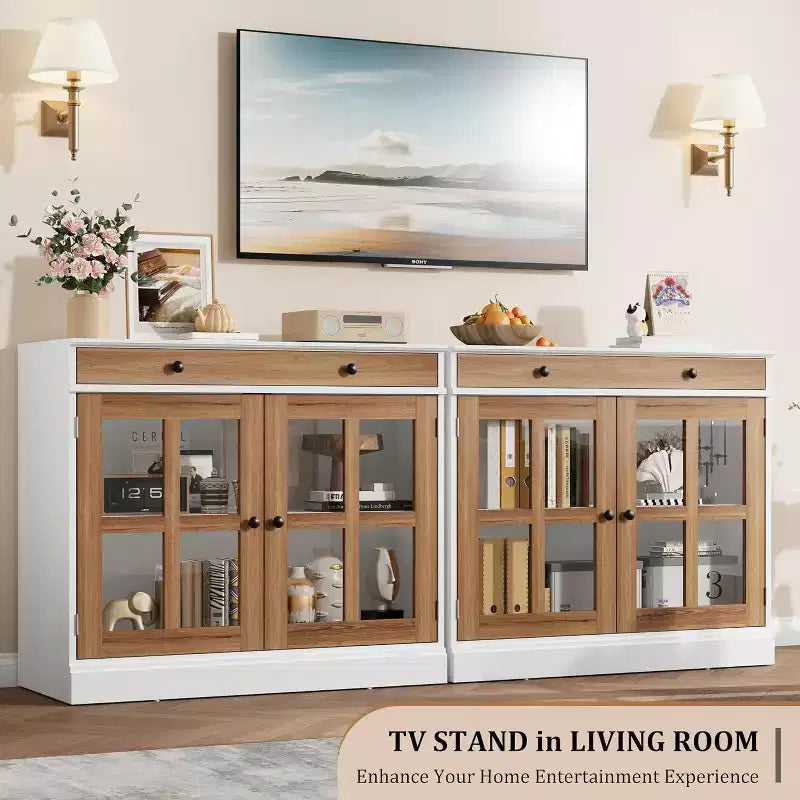 35 Sideboard Buffet Cabinets w/Glass Door & 2 Storage Drawers, Kitchen Storage Cabinet, Modern Buffets & Sideboards for Dining Room, Living Room