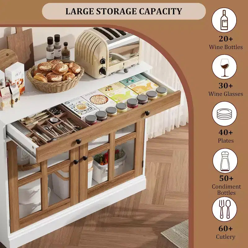 35 Sideboard Buffet Cabinets w/Glass Door & 2 Storage Drawers, Kitchen Storage Cabinet, Modern Buffets & Sideboards for Dining Room, Living Room
