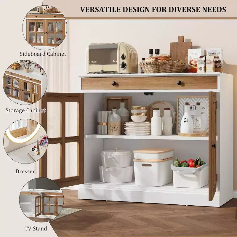 35 Sideboard Buffet Cabinets w/Glass Door & 2 Storage Drawers, Kitchen Storage Cabinet, Modern Buffets & Sideboards for Dining Room, Living Room